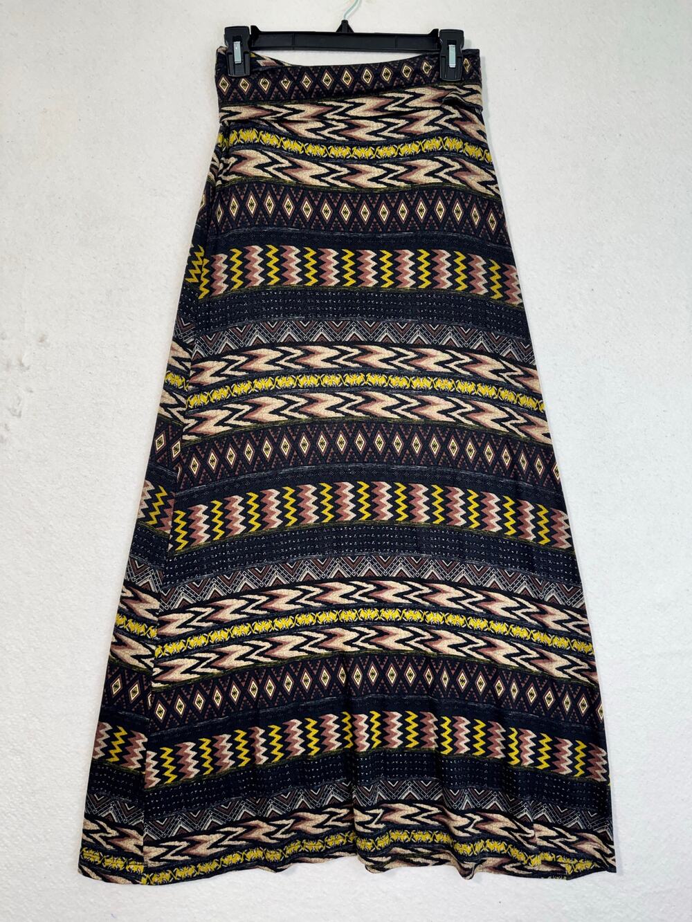 DNA Couture Geometric Aztec Tribal Print Fold-Over Waist Boho Maxi Skirt Small